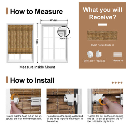 Berissa Natural Bamboo Ramie Woven No Drill No Tool Shades installation guide with dimensions and fittings.