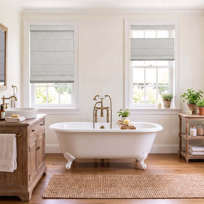 Berissa Charcoal Linen No Tool No Drill TDBU Roman Shades in a beautiful bathroom setting.
