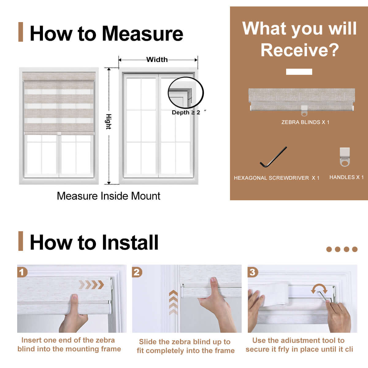 How to measure and install Berissa Custom No Drill Zebra Day Night Dual Roller Blind with installation tools displayed.
