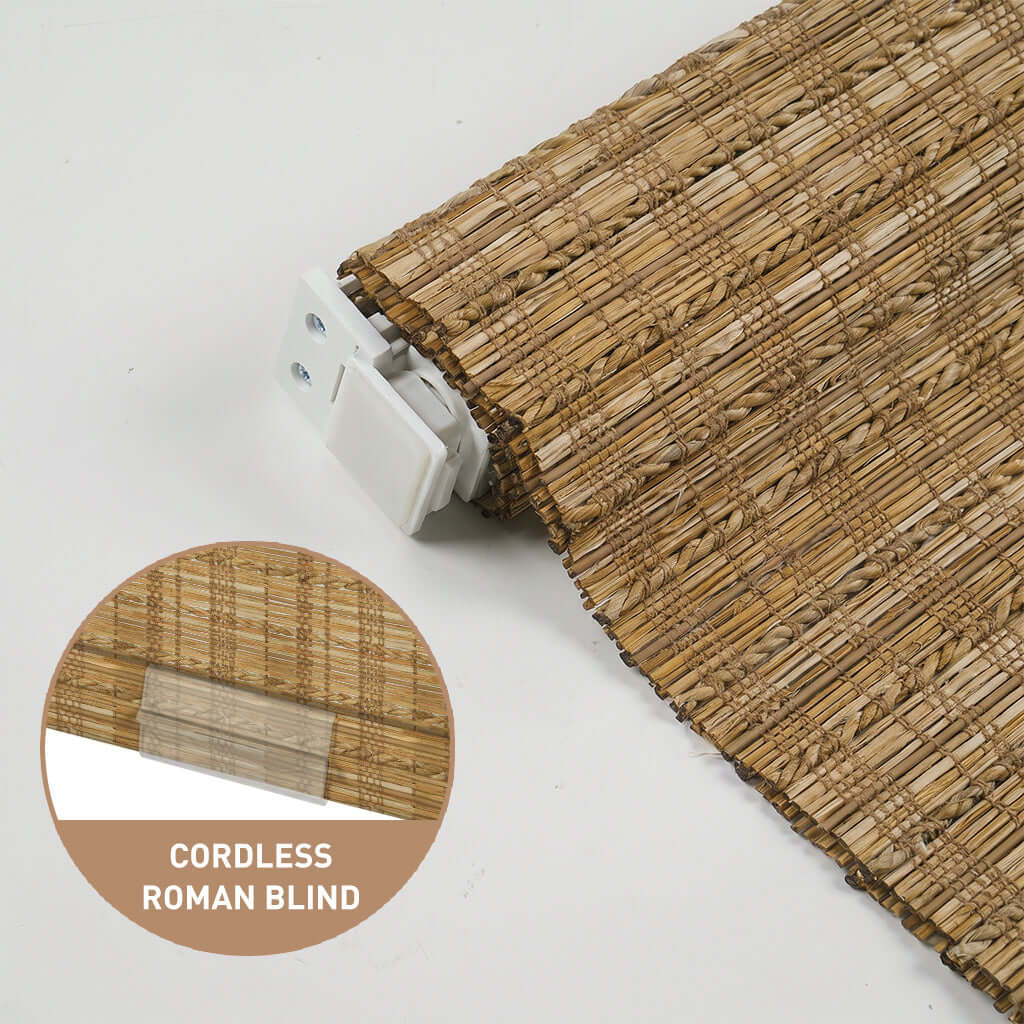 Berissa Natural Bamboo Ramie Woven No Drill No Tool Shades displayed with a close-up of the texture and a cordless feature.