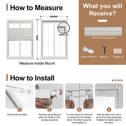 How to measure and install Berissa Charcoal Linen No Tool No Drill TDBU Roman Shades guide.