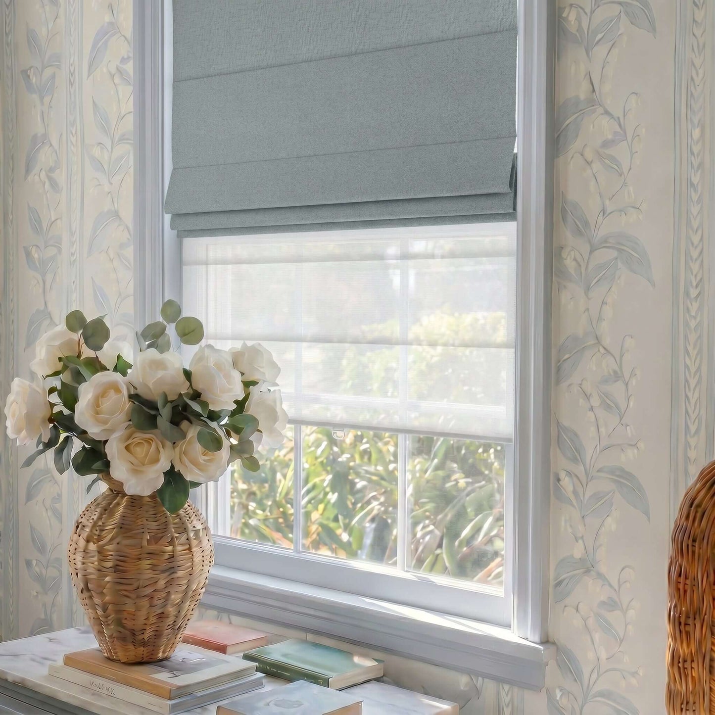 Berissa Cordless Double Shades Blackout and Semi View White Day Night Roman Shades