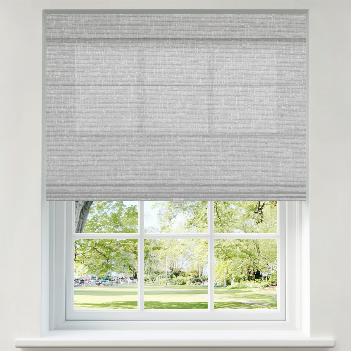 Berissa Top Down Bottom Up Classic Roman Shades in a light gray color covering a window with a view of a green park.