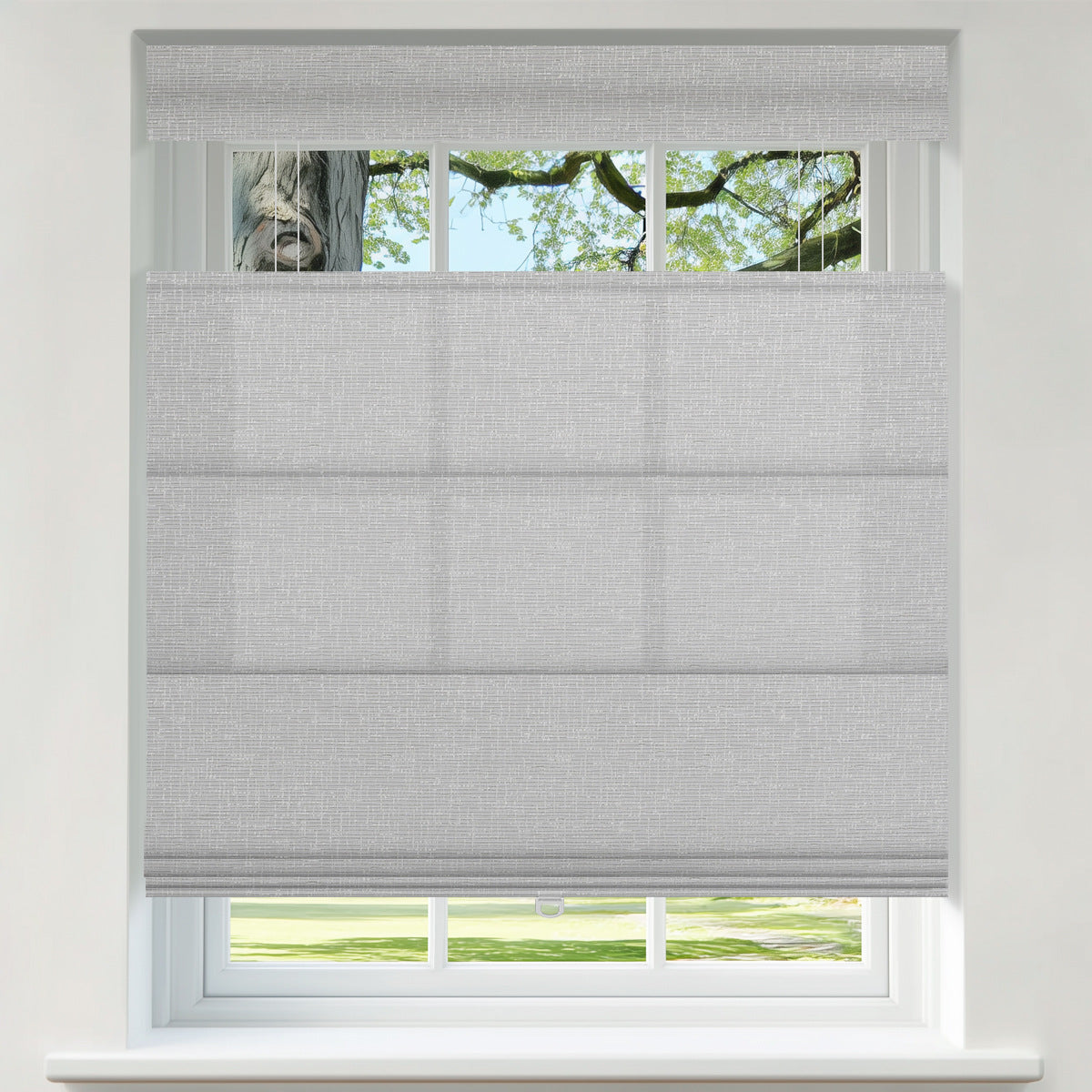 Berissa Top Down Bottom Up Classic Roman Shades in a window, featuring a soft light gray fabric.