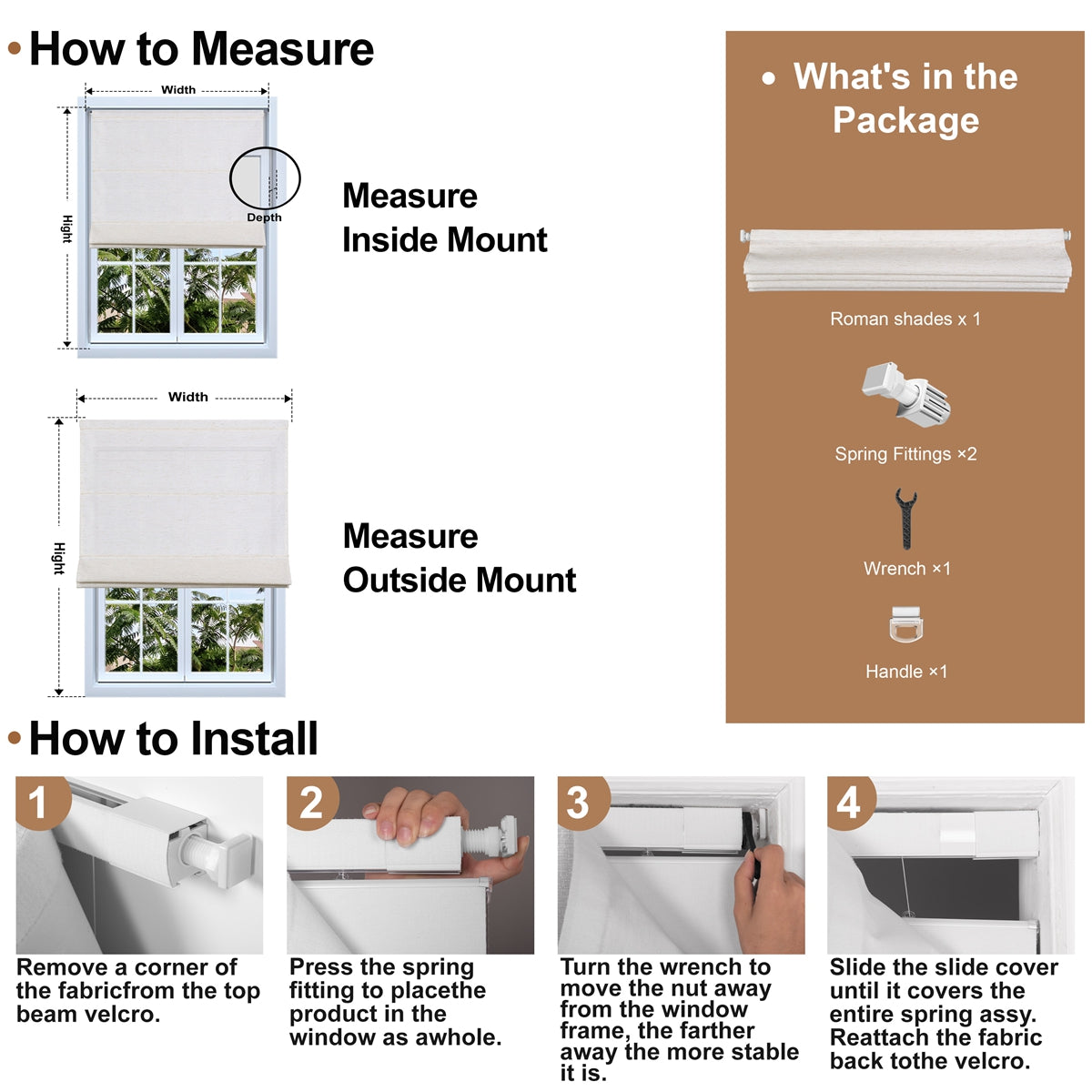Berissa No Tool Oatmeal Linen Textured Roman Shades: Installation & Hardware Diagram