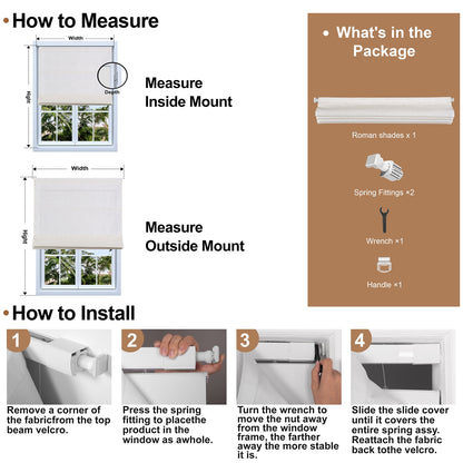 Berissa No Tool Oatmeal Linen Textured Roman Shades: Installation & Hardware Diagram