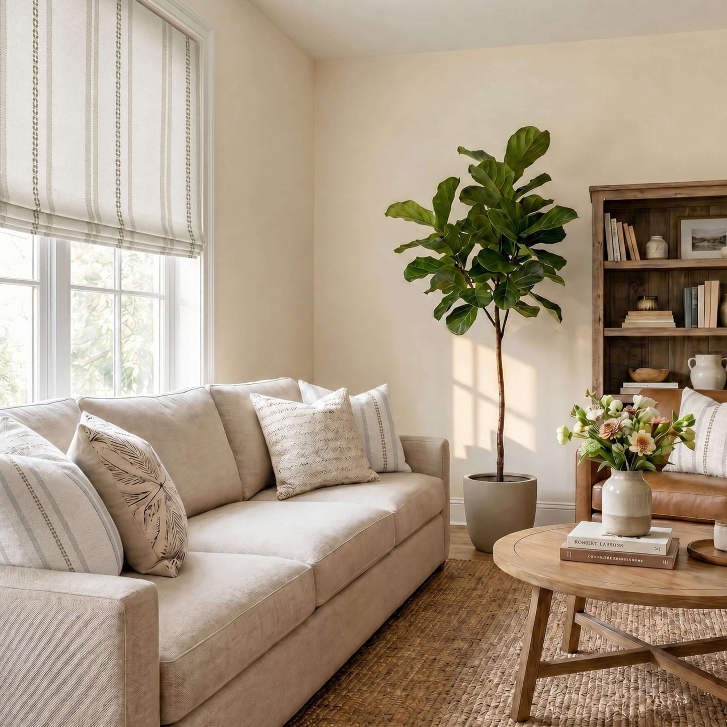 Living room featuring Berissa No Tool Cotton Linen Cordless Relaxed Roman Shade and stylish furniture.