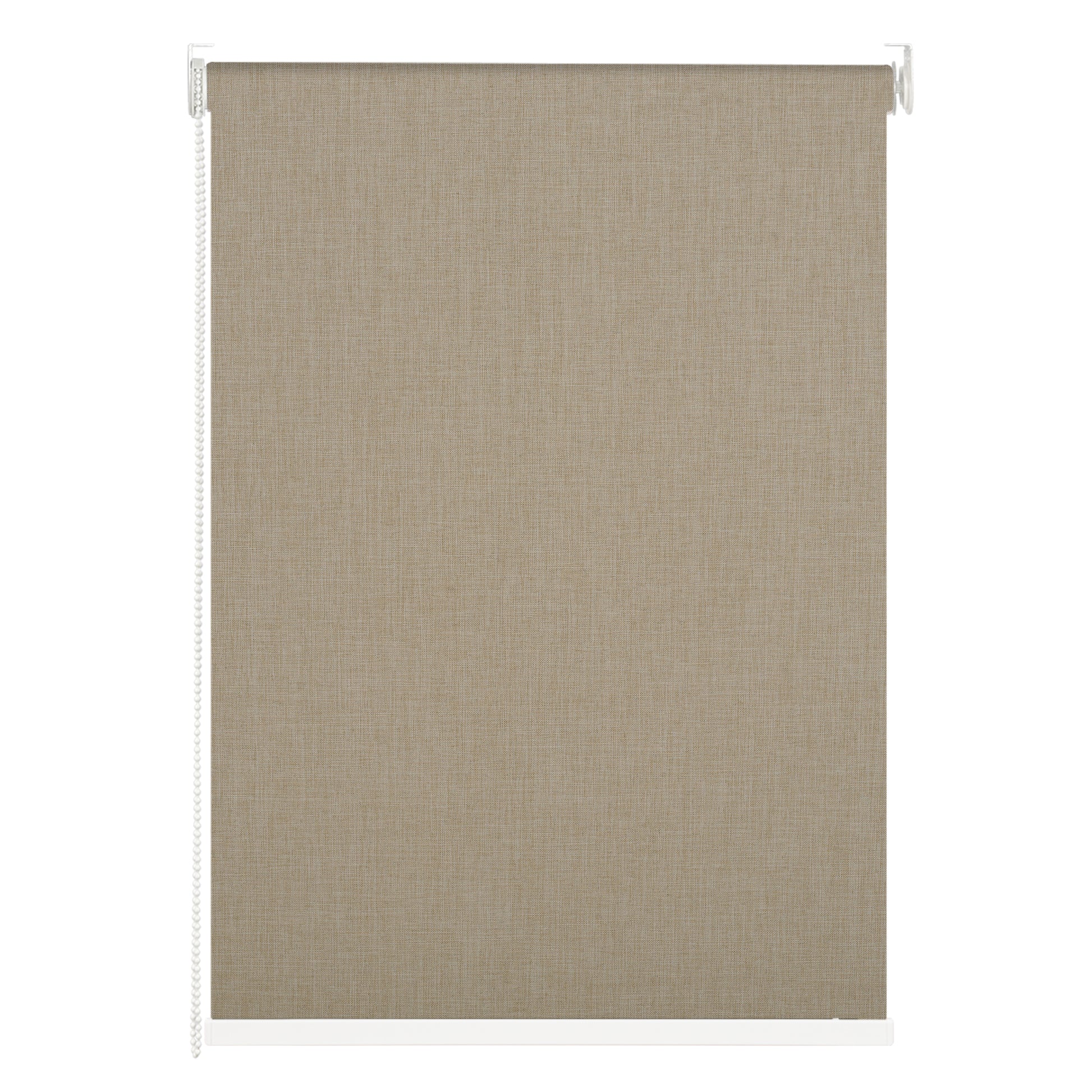 Berissa Classic Corded Pull Blackout Texture Linen Roller Shades in a soft brown texture with cord pull mechanism.