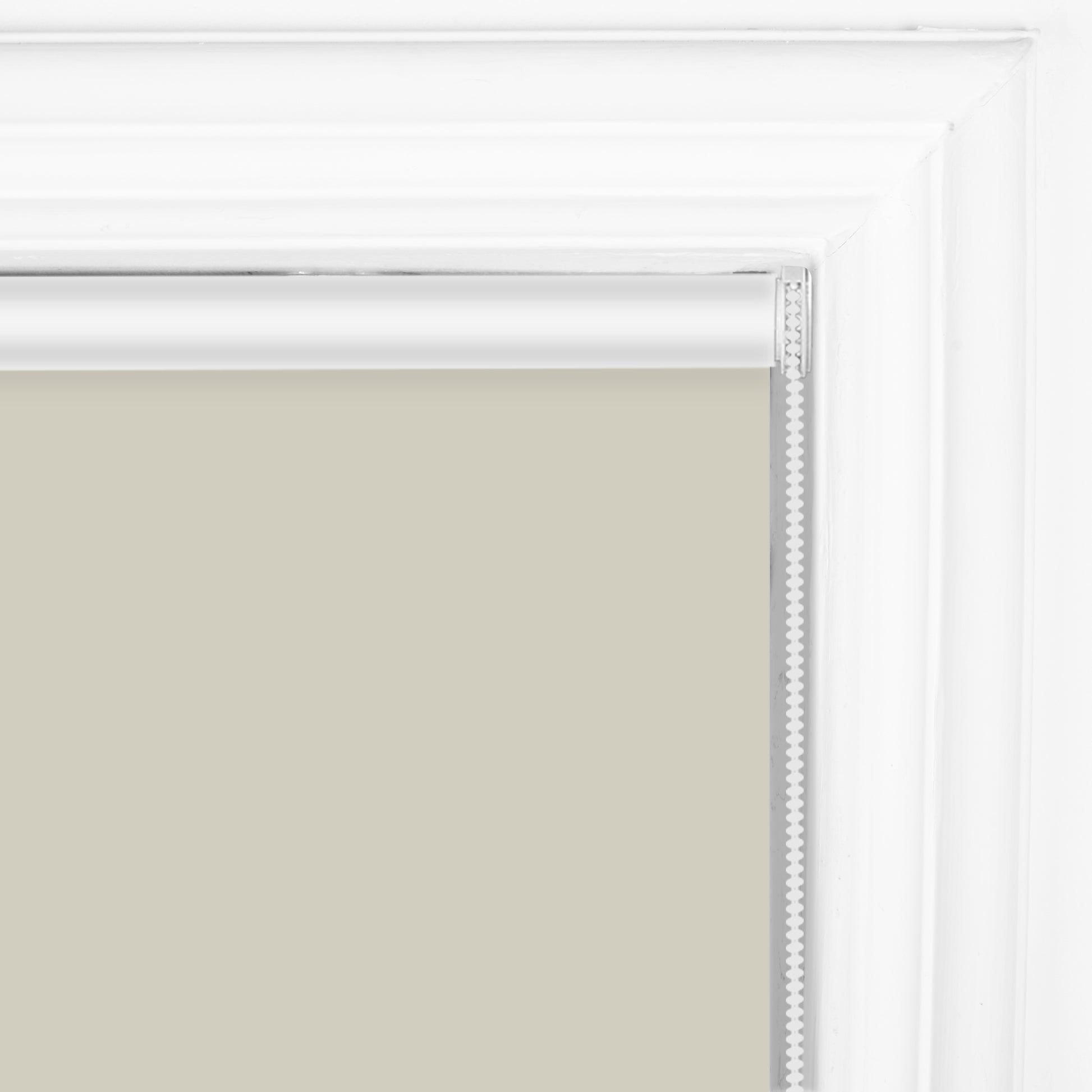 Berissa Classic Corded Pull Blackout Smooth Fabric Roller Shades in a light beige color, shown in a window frame.