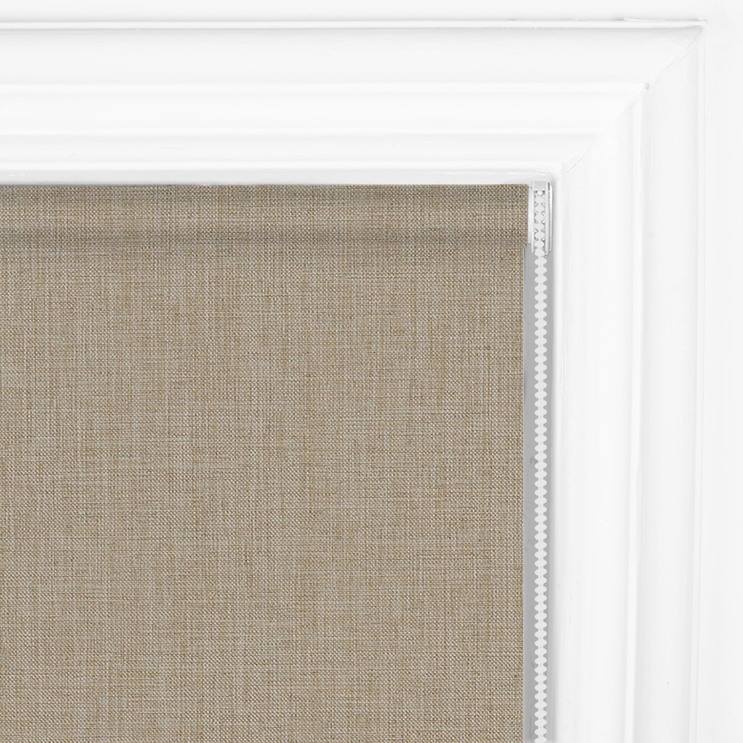 Berissa Classic Corded Pull Blackout Texture Linen Roller Shades installed in a window frame.