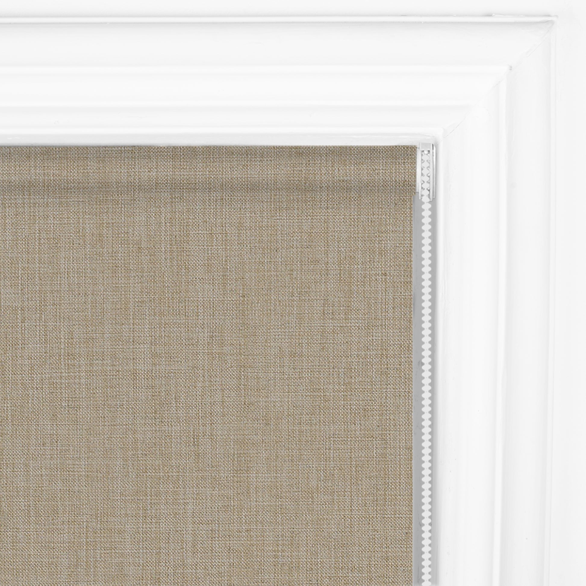 Berissa Classic Corded Pull Blackout Texture Linen Roller Shades installed in a window frame.