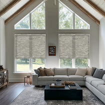 Elegant living room featuring Berissa Full Wrap-around Cassette Valance Roller Shades against large windows.