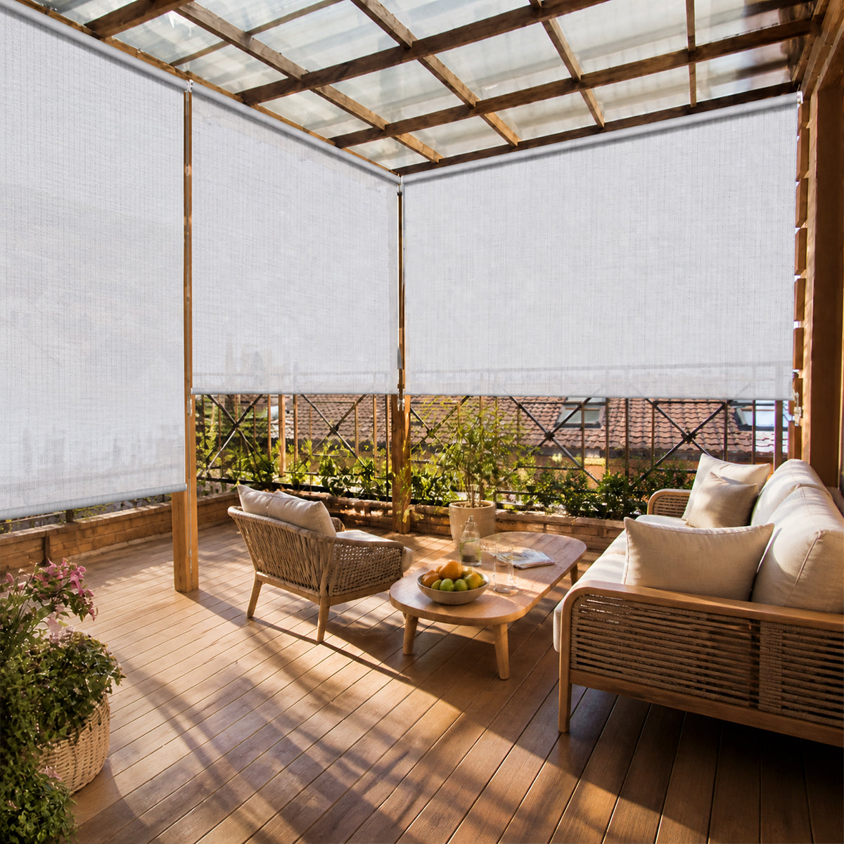 Berissa Custom Outdoor Cordless See-through Solar Fabric Roller Shade