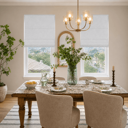 Elegant dining room featuring Berissa Ice Marble Texture Blackout No Tool Roman Shades and natural decor.