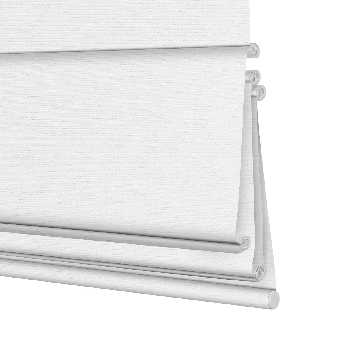 Berissa Custom Flat Fold Roman Shade Cordless in elegant white fabric, showcasing its sleek, modern design.