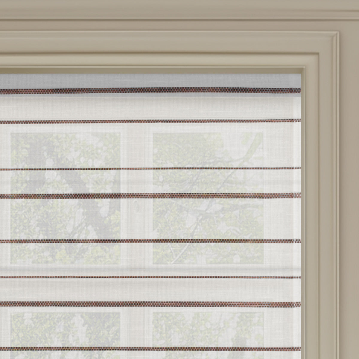 Beautiful Berissa Canvas with Walnut Stripes Roman Shades enhancing natural light in a sophisticated interior.