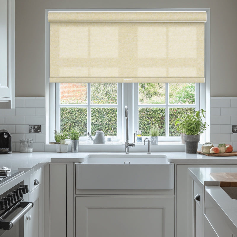 Berissa Thermal Blackout Linen Texture  Roller Blinds elegantly enhancing a modern kitchen window.