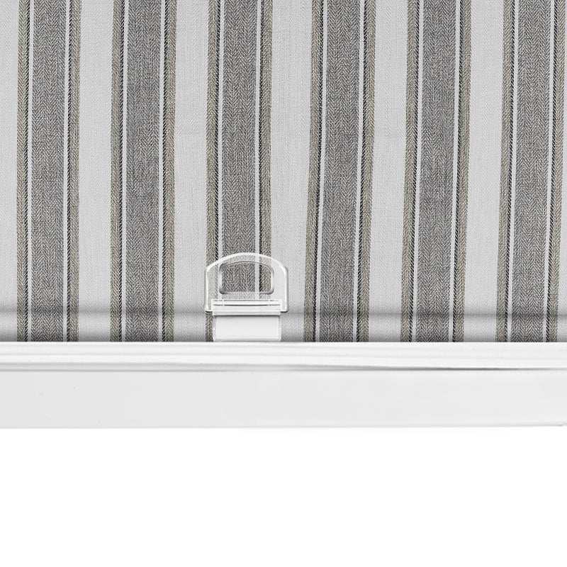 Berissa Candy Square Stripe Custom Roman Shades showcasing a grey and white striped fabric with a sleek mounting system.