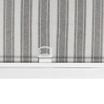 Berissa Candy Square Stripe Custom Roman Shades showcasing a grey and white striped fabric with a sleek mounting system.