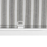 Berissa Candy Square Stripe Custom Roman Shades showcasing a grey and white striped fabric with a sleek mounting system.