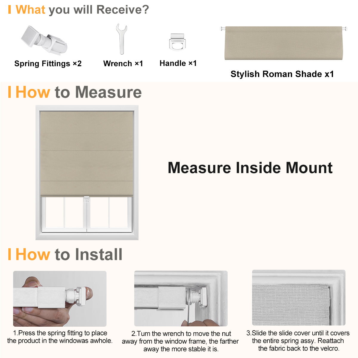 Berissa Custom No Drill Soft Blackout Roman Shade Cordless installation guide and measurement instructions.
