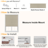 Berissa Custom No Drill Soft Blackout Roman Shade Cordless installation guide and measurement instructions.