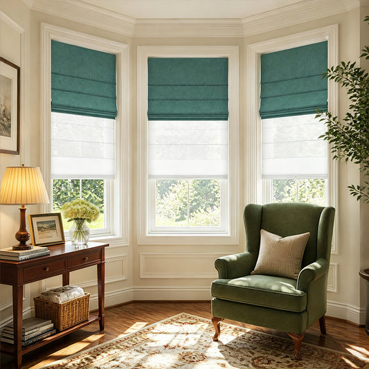 Berissa Vintage Blackout Green No Drill Double Shades Roman Shades