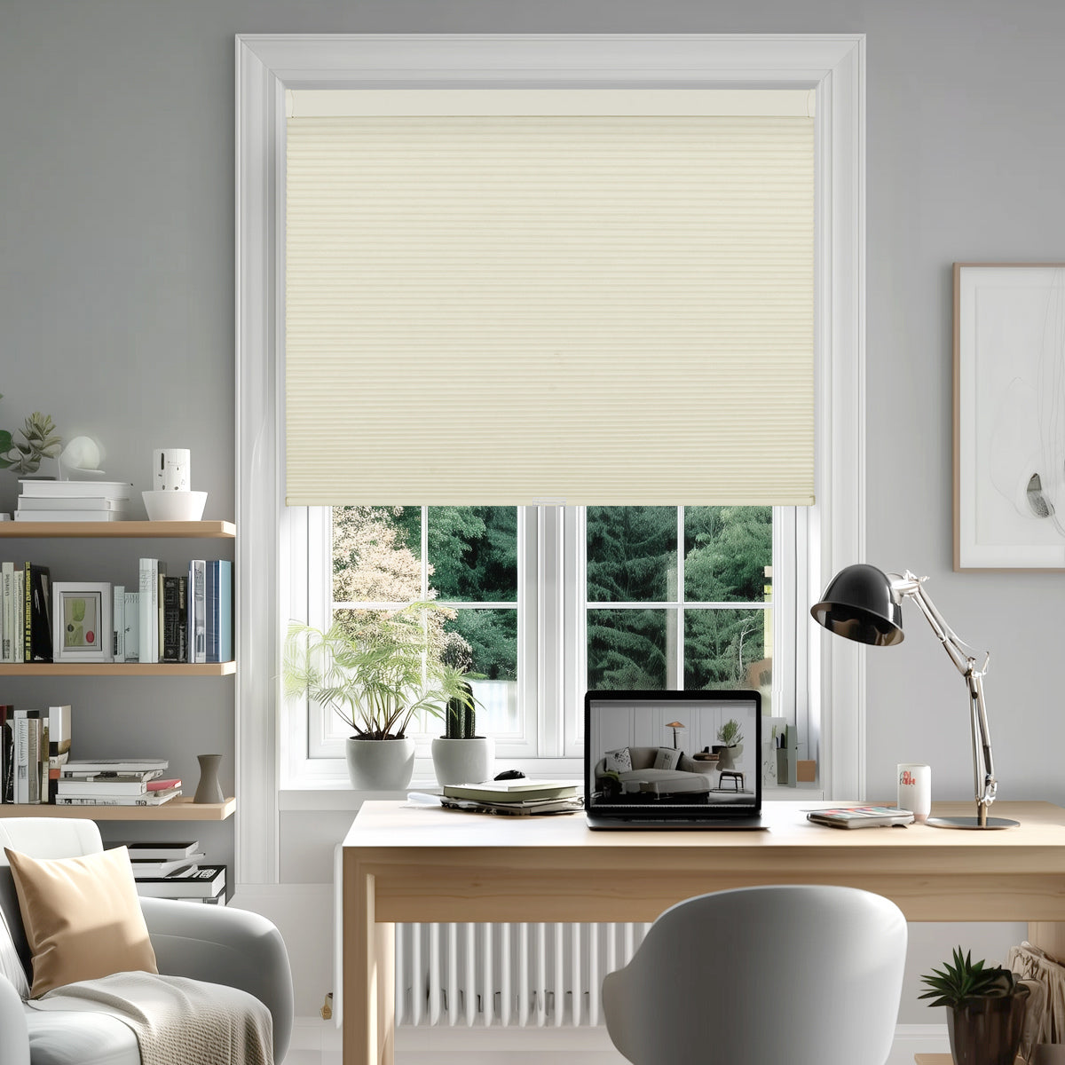 Berissa Classic Thermal Cordless Cellular Shades Noise Reduction in a modern home office with a window view.