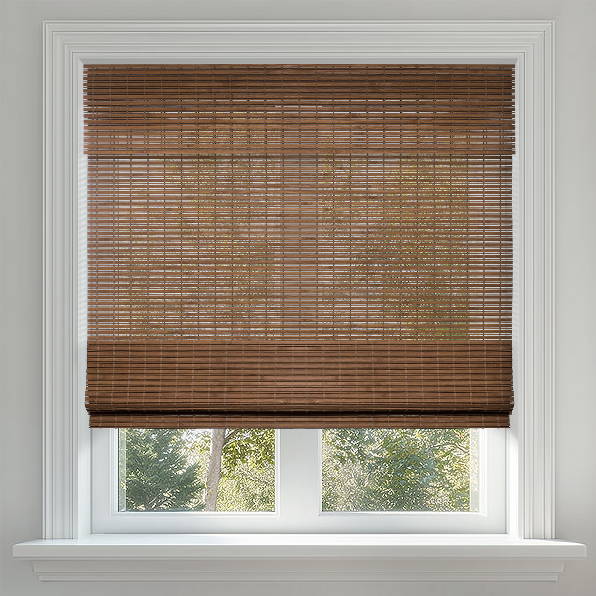 Berissa Cordless Light Filtering  Bamboo Roman Shades in a modern window setting with natural light.