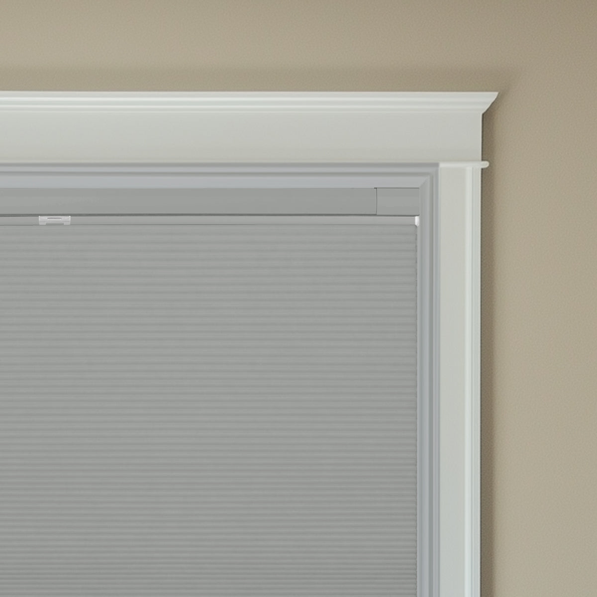 Berissa No Drill Top Down Bottom Up Blackout Honeycomb Cellular Shades installed in a window frame.