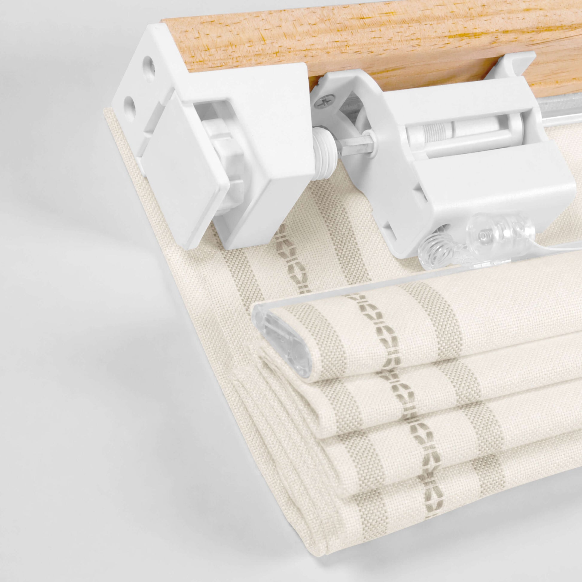 Berissa No Tool Cotton Linen Cordless Relaxed Roman Shade close-up of tool-free installation mechanism and fabric.
