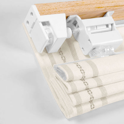Berissa No Tool Cotton Linen Cordless Relaxed Roman Shade close-up of tool-free installation mechanism and fabric.