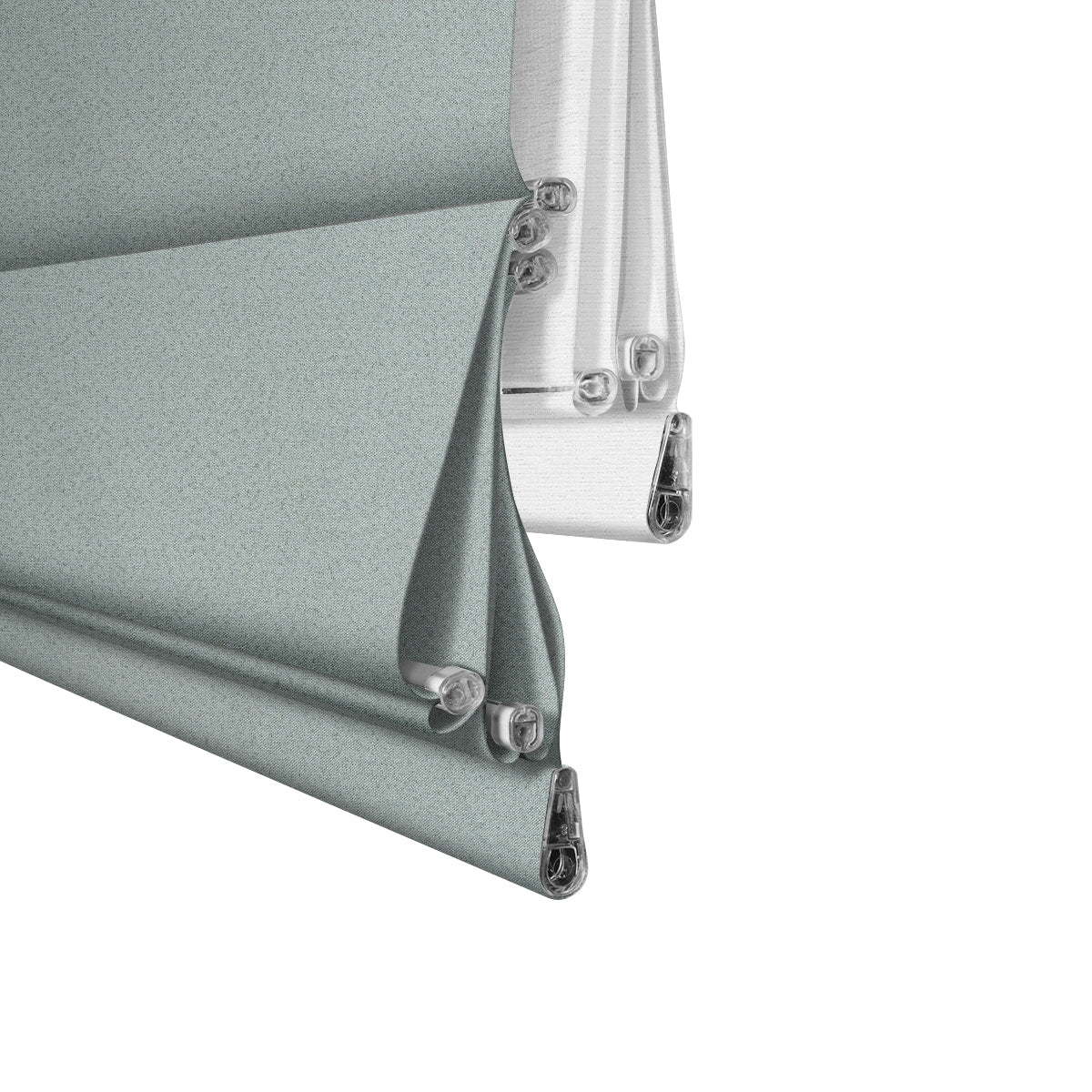 Beeissa Cordless Double Shades Blackout and Semi View White Day Night Roman Shades in gray and white fabric.