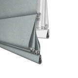 Beeissa Cordless Double Shades Blackout and Semi View White Day Night Roman Shades in gray and white fabric.