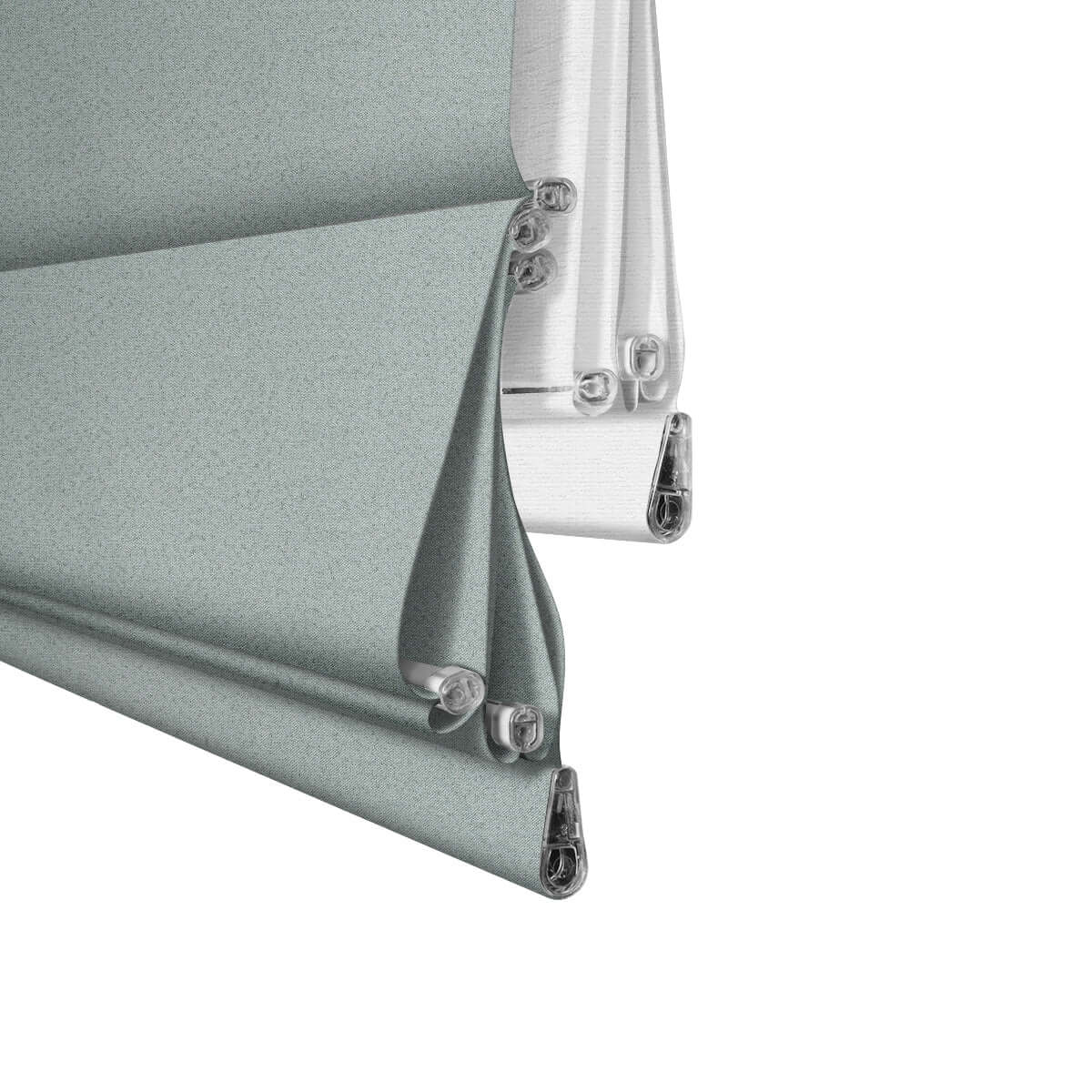 Beeissa Cordless Double Shades Blackout and Semi View White Day Night Roman Shades in gray and white fabric.