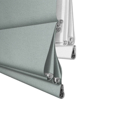 Beeissa Cordless Double Shades Blackout and Semi View White Day Night Roman Shades in gray and white fabric.