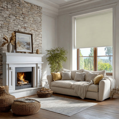 Berissa Classic Corded Pull Blackout Smooth Fabric Roller Shades in a stylish living room with a fireplace.