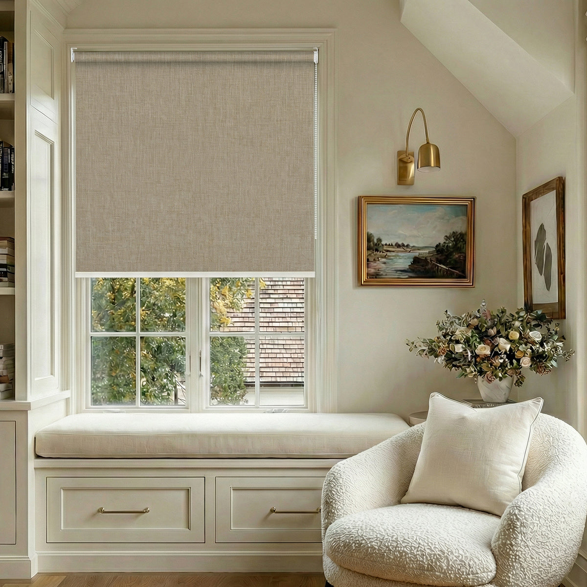 Berissa Classic Corded Pull Blackout Texture Linen Roller Shades in a cozy living space with natural light.