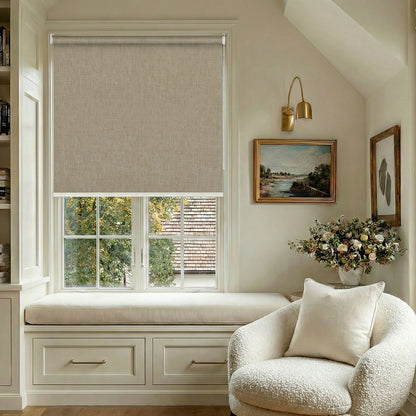 Berissa Classic Corded Pull Blackout Texture Linen Roller Shades in a cozy living space with natural light.