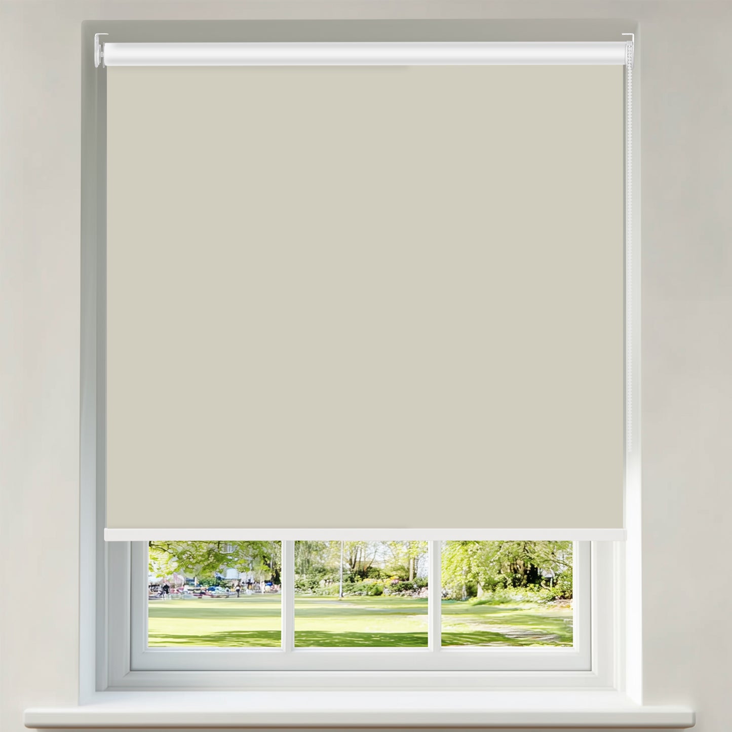 Berissa Classic Corded Pull Blackout Smooth Fabric Roller Shades in soft beige color, covering a window.