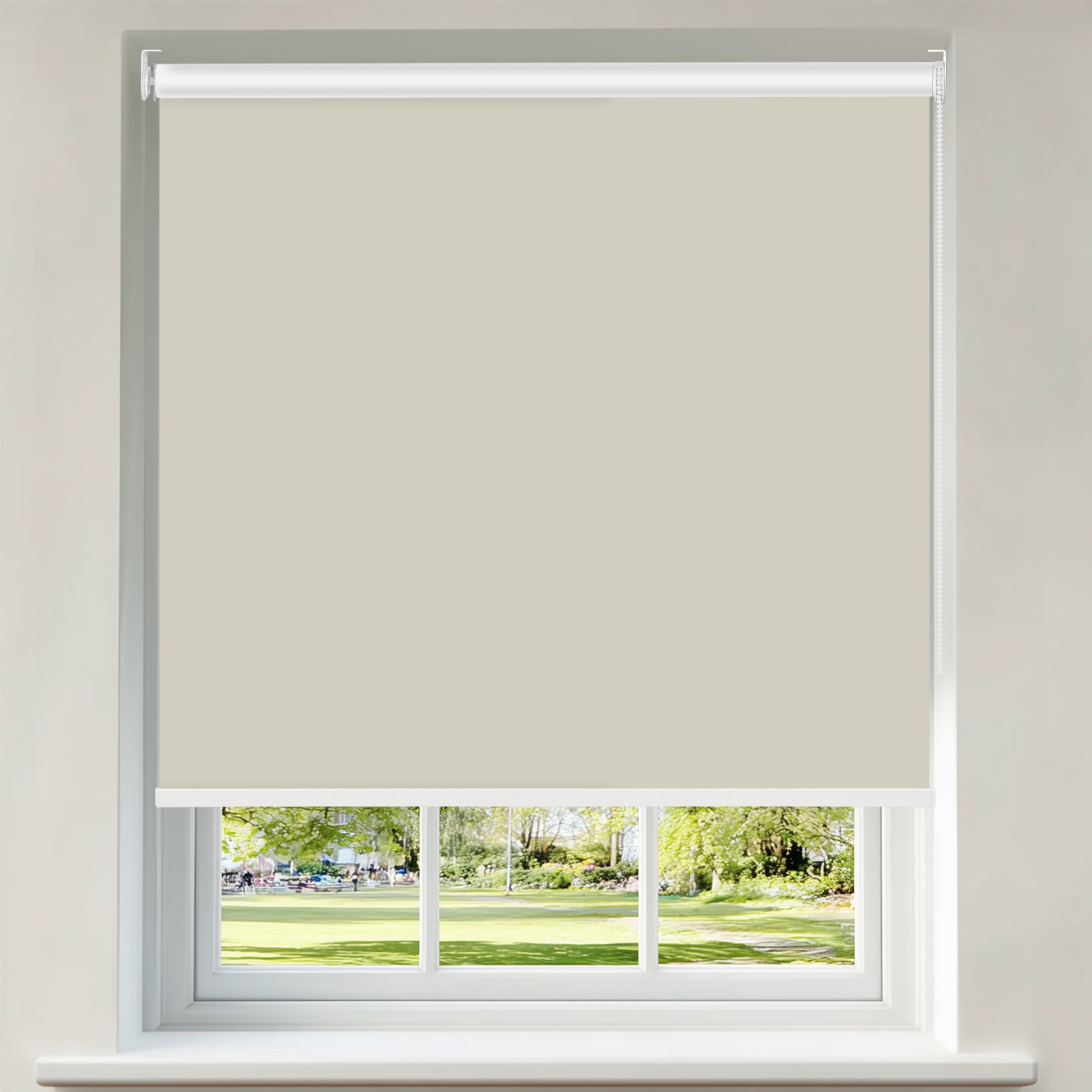 Berissa Classic Corded Pull Blackout Smooth Fabric Roller Shades in soft beige color, covering a window.