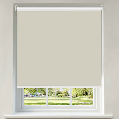 Berissa Classic Corded Pull Blackout Smooth Fabric Roller Shades in soft beige color, covering a window.
