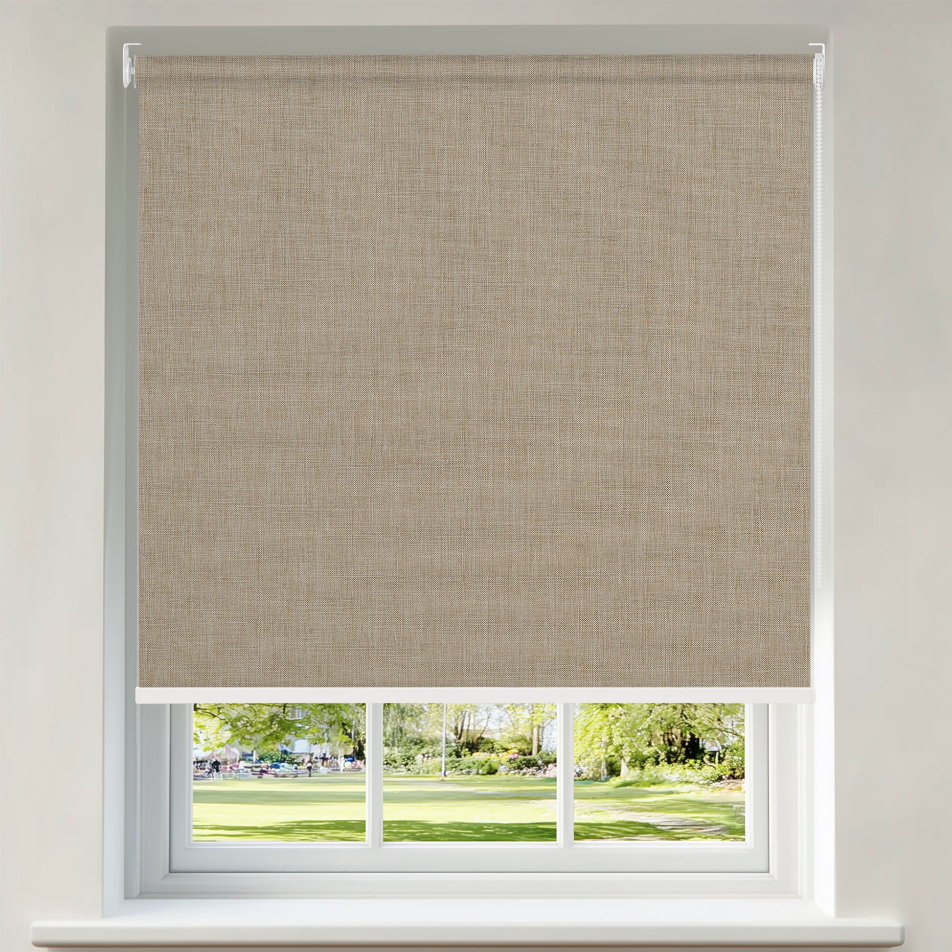 Berissa Classic Corded Pull Blackout Texture Linen Roller Shades in a stylish living room window