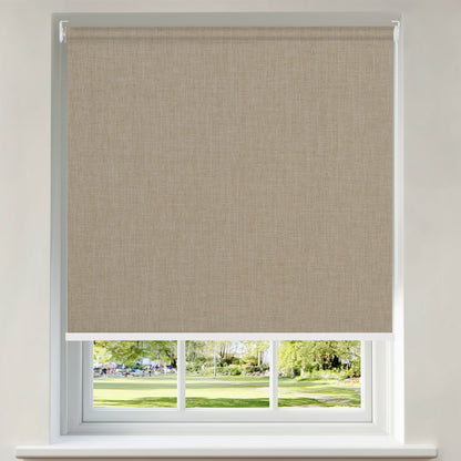 Berissa Classic Corded Pull Blackout Texture Linen Roller Shades in a stylish living room window