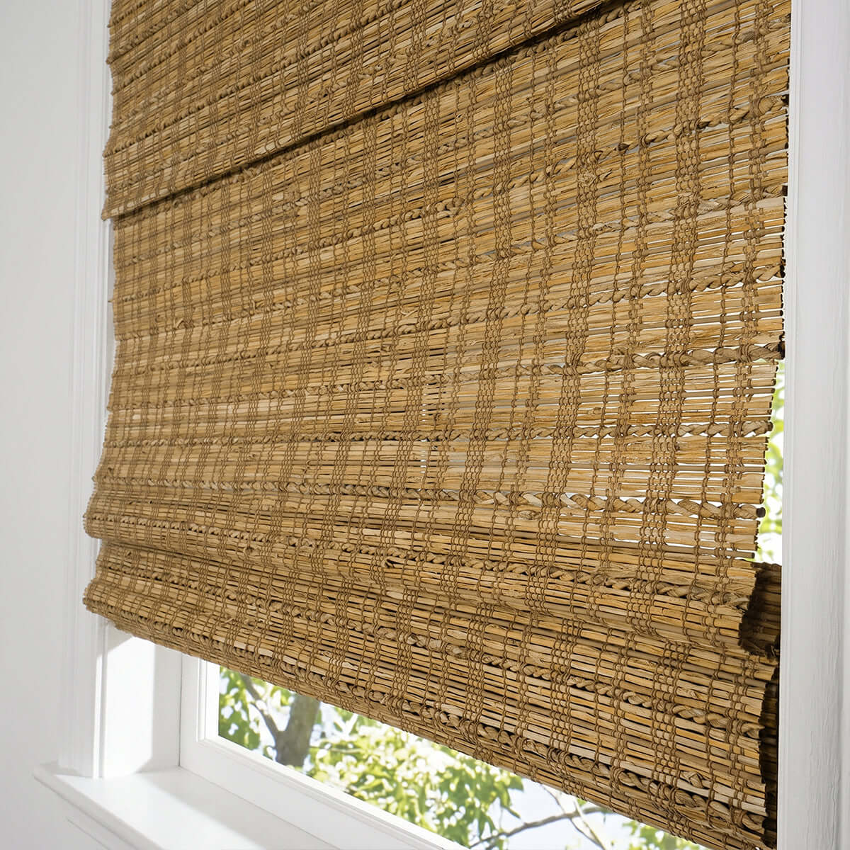 Berissa Natural Bamboo Ramie Woven No Drill No Tool Shades showcasing natural texture and warm sunlight.