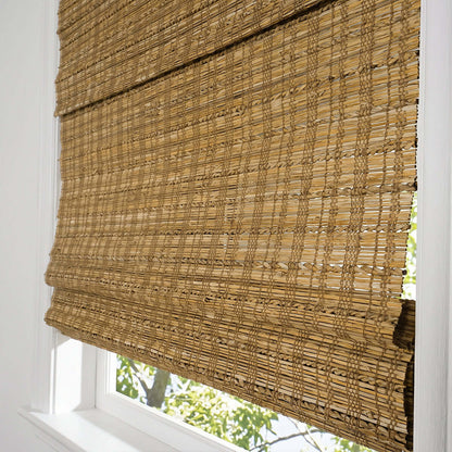 Berissa Natural Bamboo Ramie Woven No Drill No Tool Shades showcasing natural texture and warm sunlight.