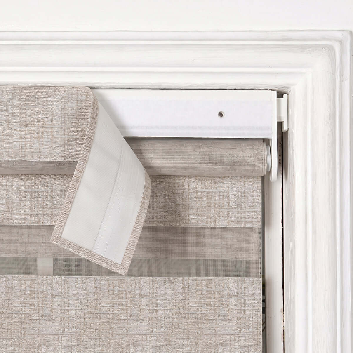 Berissa Custom No Drill Zebra Day Night Dual Roller Blind showcasing warm toned fabric and modern design.