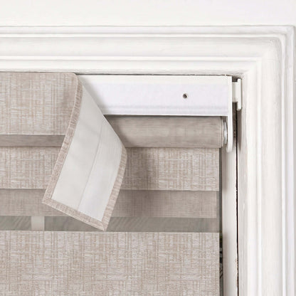 Berissa Custom No Drill Zebra Day Night Dual Roller Blind showcasing warm toned fabric and modern design.