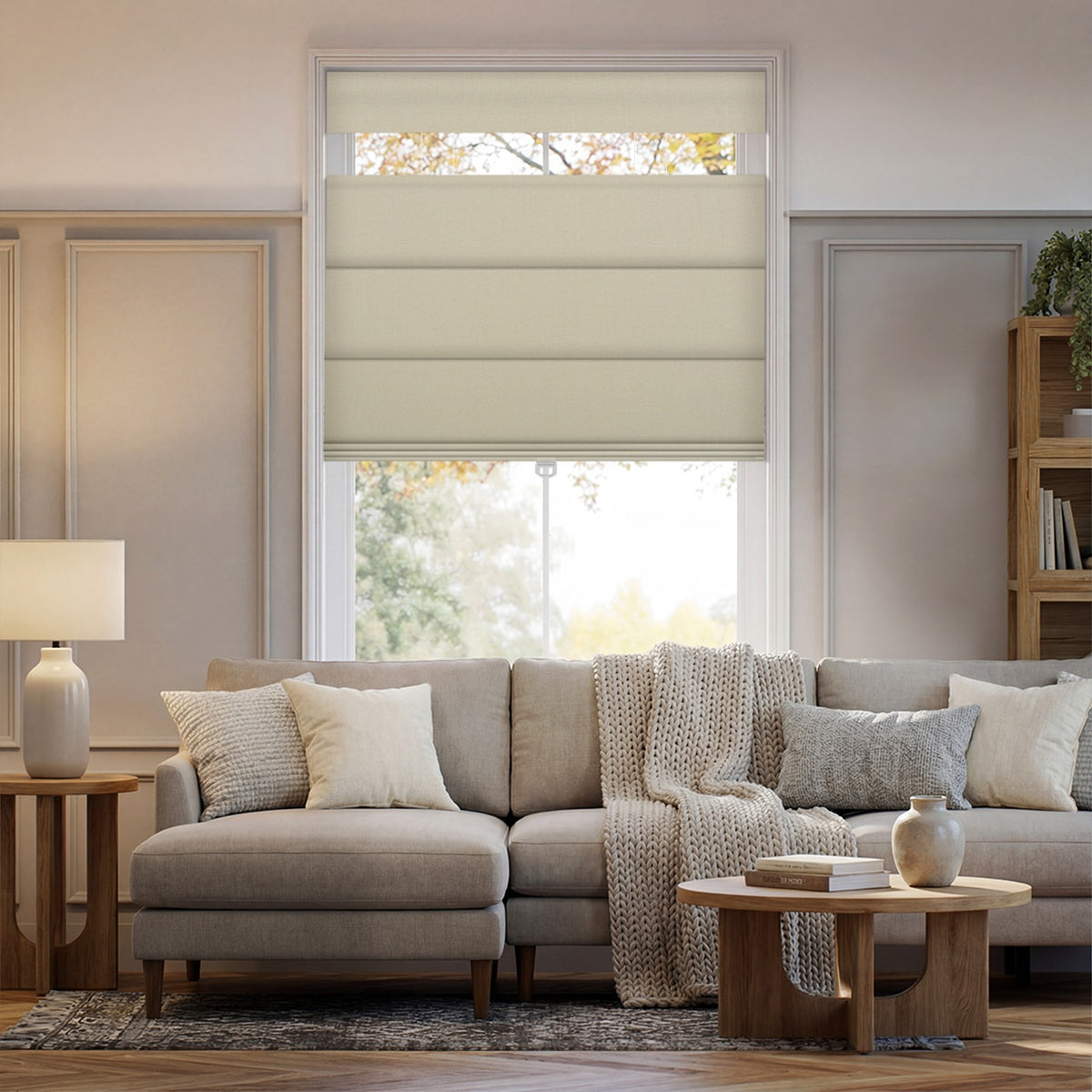 Berissa No Drill No Tools Top Down Bottom up Blackout Roman Shades in a stylish living room with beige furnishings.
