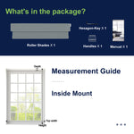 Berissa Classic No Drill Perfect Fit Without Light Leakage Cordless Roller Shades package contents and measurement guide.